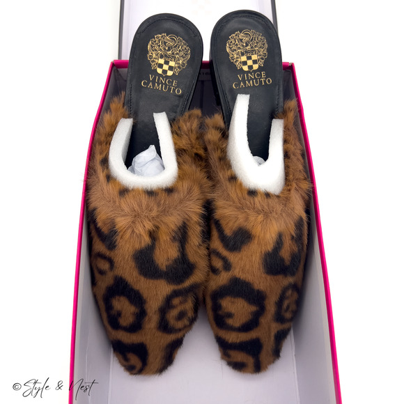 Vince Camuto Shoes - Vince Camuto Samara Slip on Flat Mules Leopard Slippers Luxe Cozy Fur Women's 10